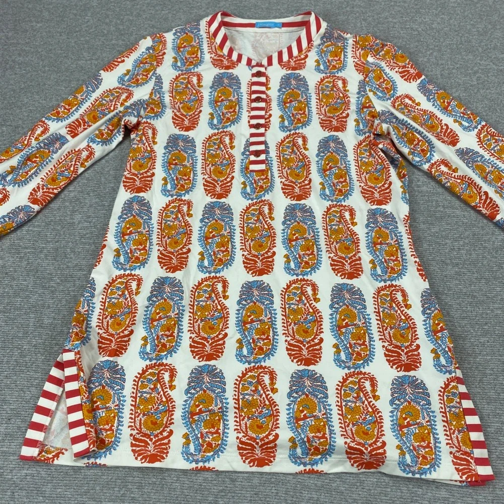 J.McLaughlin Catalina Cloth‎ Paisley Henley Tunic Top Orange Blue Striped Trim M